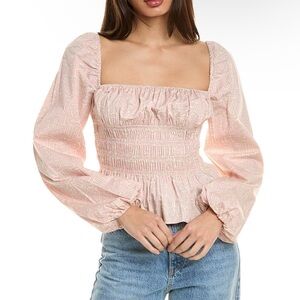 Staud Jules Smocked Peplum Long Sleeve Top
